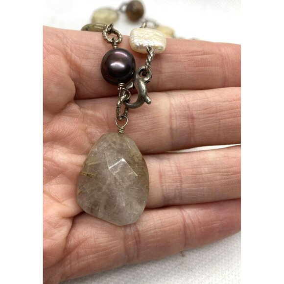 Vintage Quartz Agate Citrine Pearl 18'' Bead Necklace Sterling 925 Silver 48.8g - Picture 3 of 9